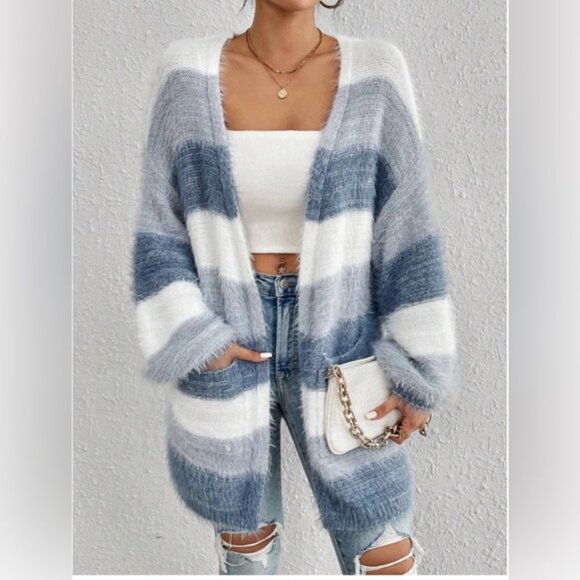 Blue Drop Shoulder Open Front Fluffy Knit Cardigan - Picture 3 of 8